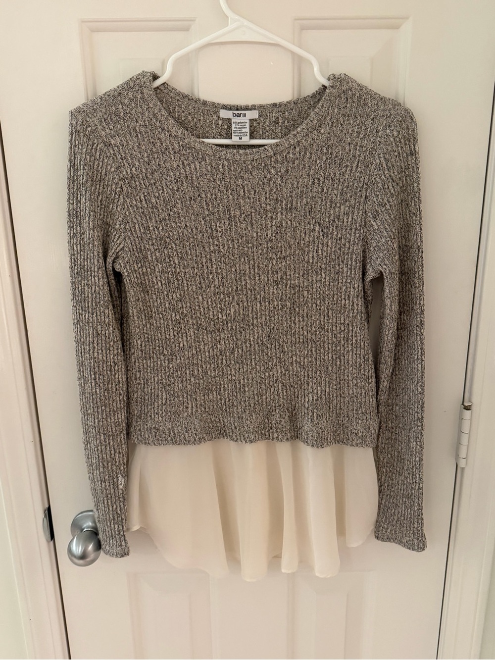 Bar III Gray Knit Layered-Effect Sweater with Cream Chiffon Hem